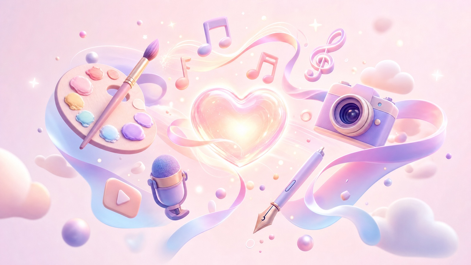 パレット・筆・音符・カメラがハートを囲む、創作のときめきを表す夢かわいいイラスト